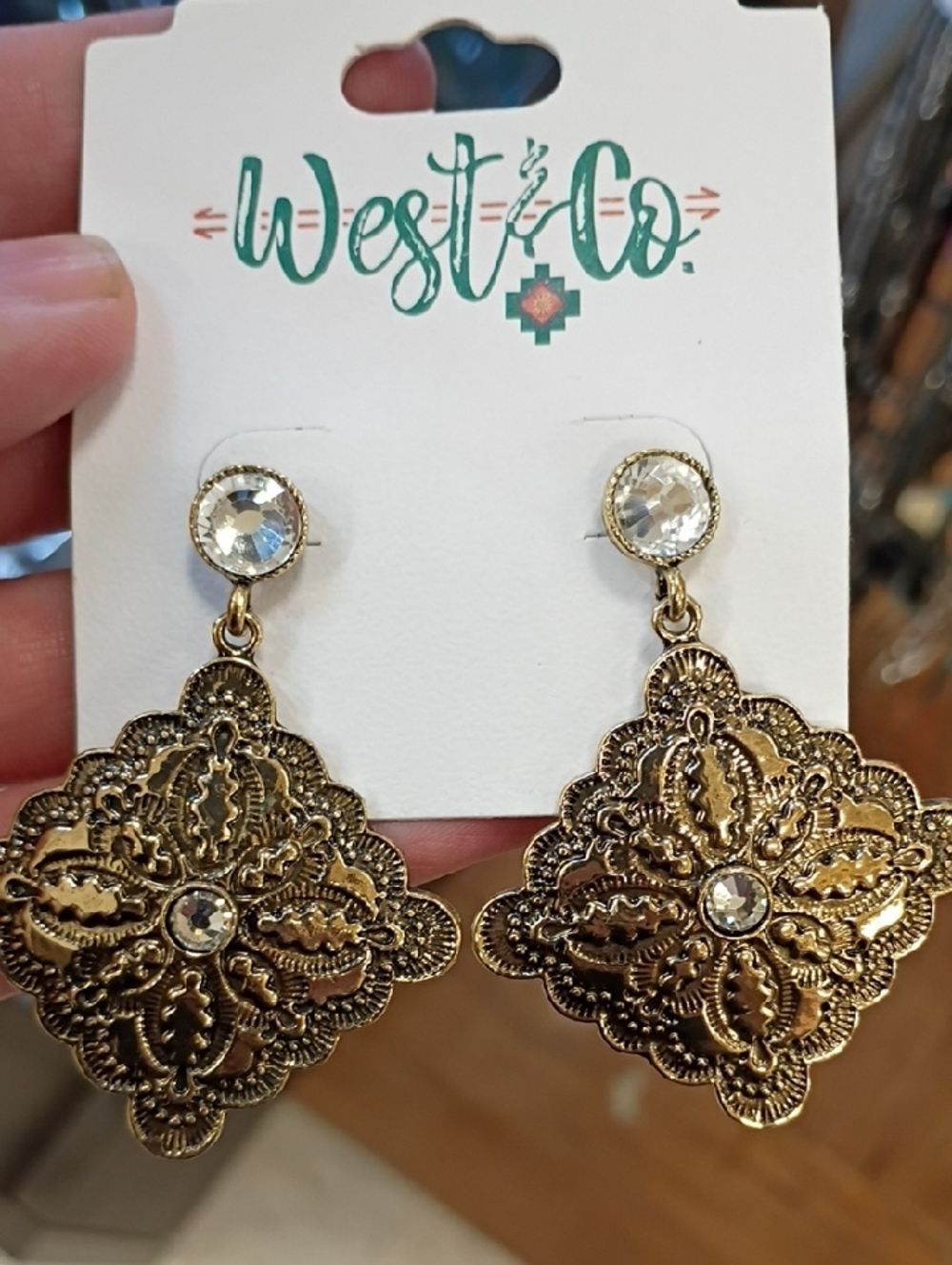 Gold Filigree Drop Earrings with Clear Stones